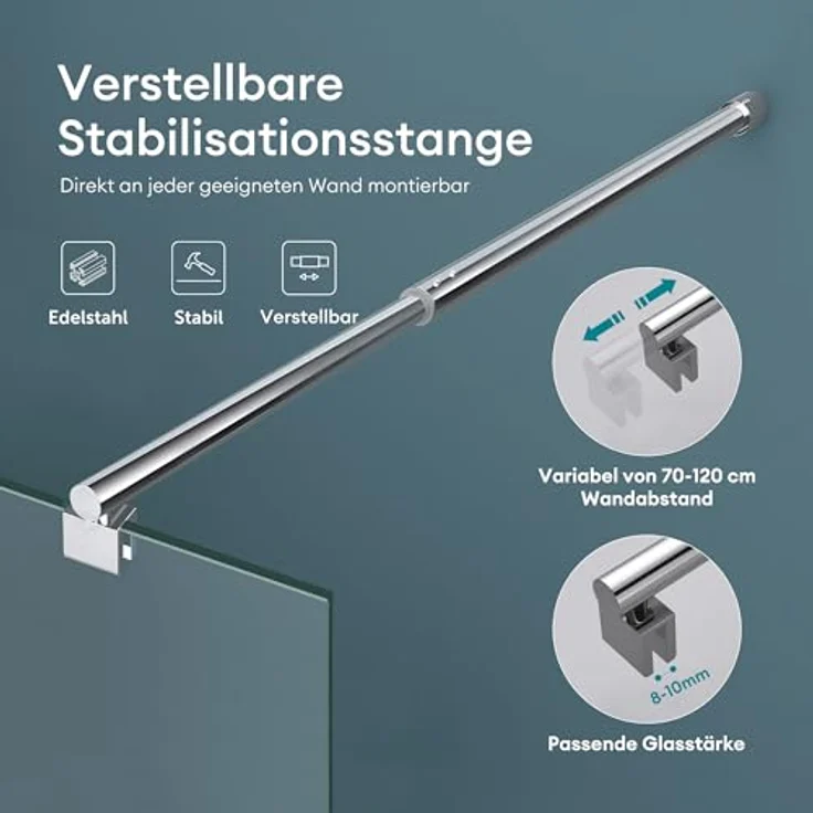 Mai & Mai Duschwand Bremen1, Duschabtrennung 50x200cm aus 8mm ESG-Sicherheitsglas mit NANO-Beschichtung, beidseitig montierbar, inkl. Stabilisator BRAM1 – Bild 3