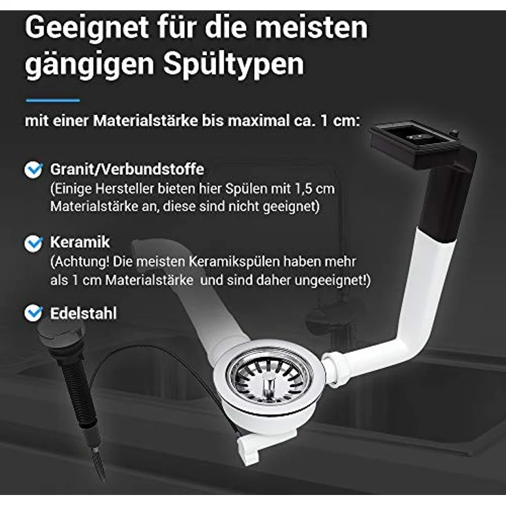 AquaDE Siebkorbventil 114 mm mit Excenterventil Raumschaffer Abtropf-Überlauf für Küchenspüle, Edelstahl und weiß – Bild 7