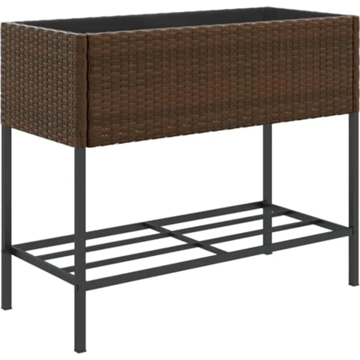 vidaXL Pflanzkübel mit Ablage Braun Poly Rattan, PE-Rattan, stabiles Gestell, praktische Ablage