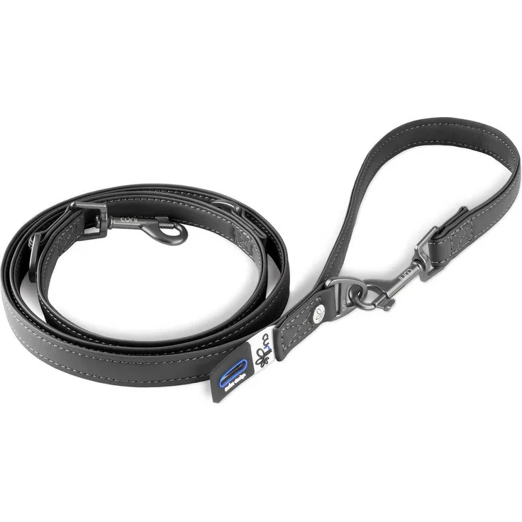 Curli Hundeleine Apfel Leder Leine schwarz, multifunktional, 3-fach verstellbar, mit Snap-In Sicherheitskarabiner und Kotbeutelspender