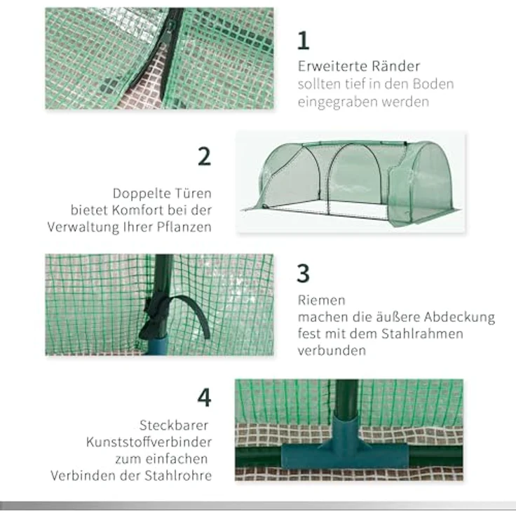 Outsunny Gewächshaus mit Rollfenster winterfest Foliengewächshaus aus Stahl wasserabweisend Treibhaus für Balkon Garten Tomatenhaus mit UV schutz 200x100x80cm Tomatengewächshaus für Gemüse Blumen Grün – Bild 4
