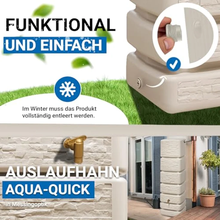 4rain Slim Wandtank sandbeige - Regentonne mit 350 Liter Volumen, Steinoptik, UV-stabil und 5 Gewindeanschlüssen – Bild 6