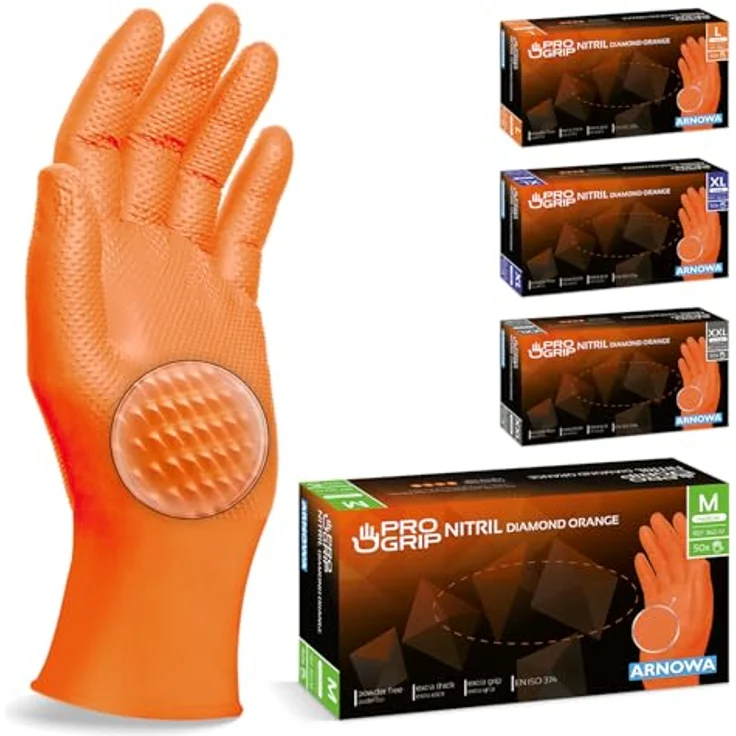 ARNOMED PROGRIP Einweghandschuhe Diamant Grip, orange, extra starke Nitrilhandschuhe Gr. M, 2x dicker, rutschfest, 500 Stück (10x50 Stk) – Bild 1