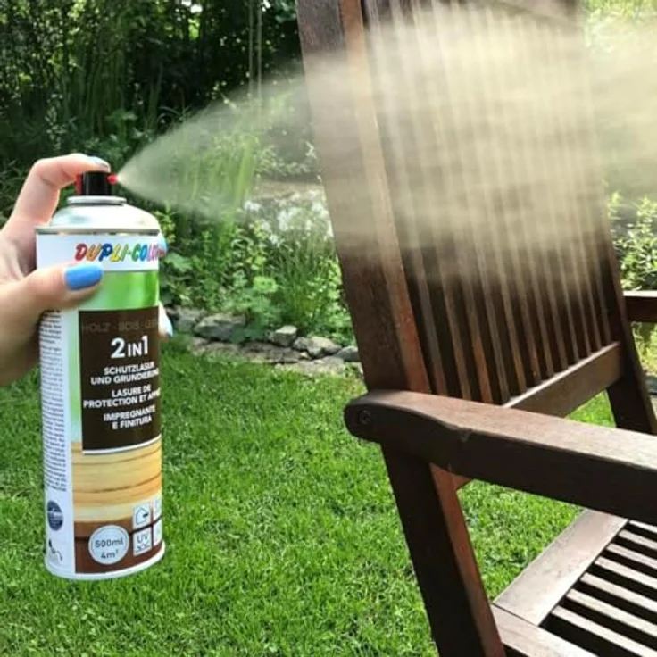 DUPLI-COLOR Holzschutzlasur Spray Nussbaum dunkel 500 ml – 2-in-1 Grundierung und Lasur, UV-Schutz, atmungsaktiv, für Holz innen und außen – Bild 2