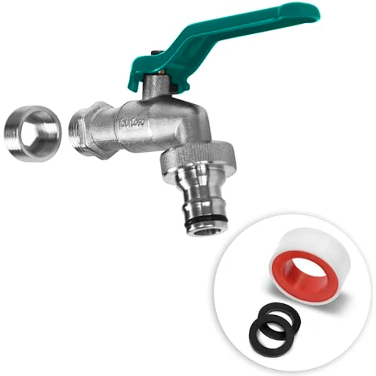 YourCasa® Wasserhahn Garten 1/2 Zoll & 3/4 Zoll aus Messing inkl. Schlauchanschlss & Dichtband - Wasserhahn Aussen Kugelhahn 1/2 Zoll Frostsicher - Garten Wasserhahn Auslaufhahn Regentonne (grün) – Bild 1