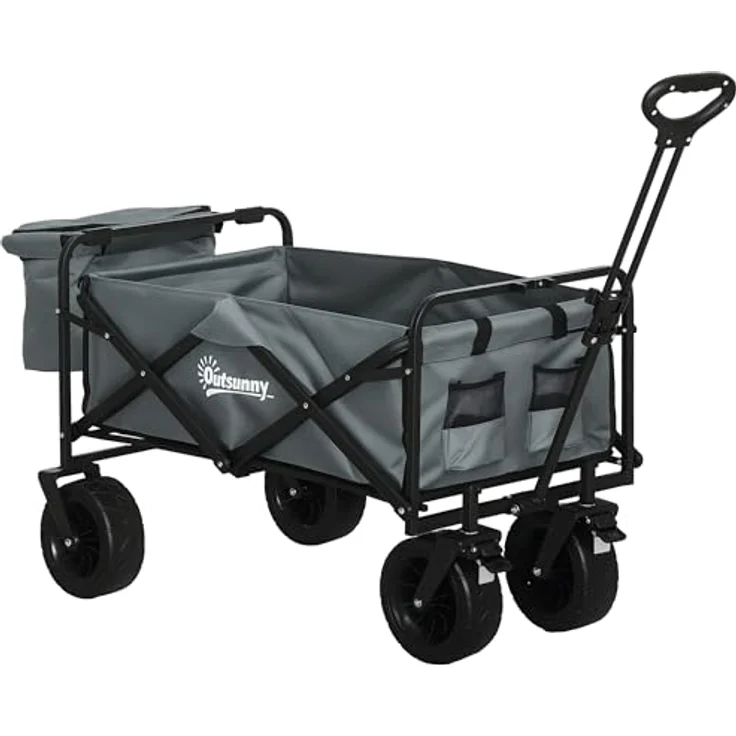 Outsunny Faltbarer Bollerwagen mit Kühltasche, Transportwagen bis 100 kg belastbar, Dunkelgrau, mit teleskopierbarem Griff und klappbarem Stahlrahmen – Bild 1