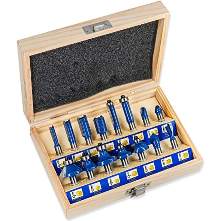 S&R Holzfräser-Set HM 15-tgl., Holzfräs-Bits für 8mm Schaft, Holzkoffer, geschmiedeter Werkzeugstahl, Schneidplatten aus HM, Fräser für Oberfräse in robuster Holzbox – Bild 1