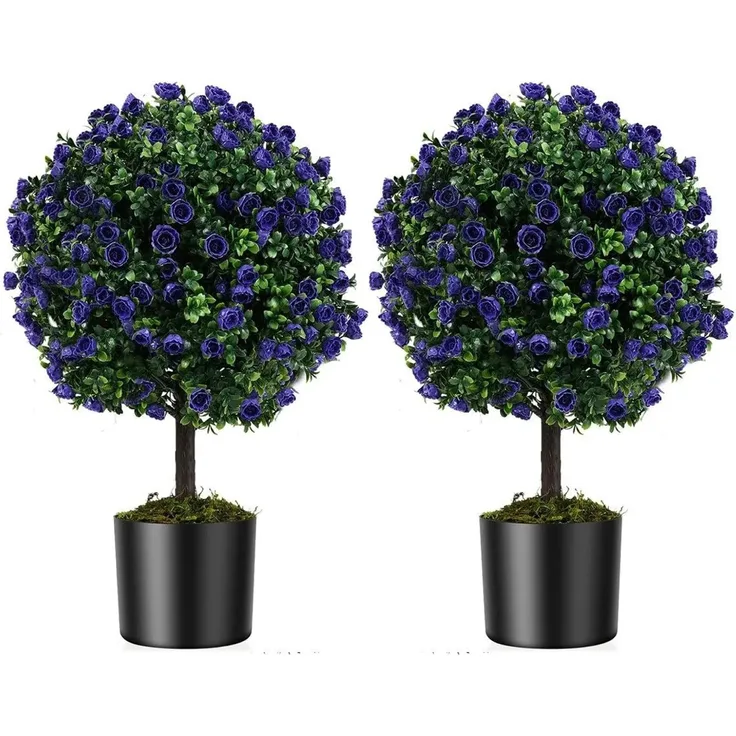 COSTWAY 2er Kunstpflanze Rosenbüschen mit lila Rosenblüten & grünen Blättern, 55 cm, pflegeleicht