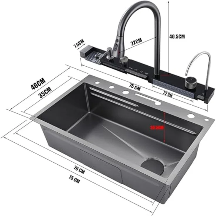 Faizee Home Edelstahlspüle Schwarz 75x46 cm, Wasserfall Küchenspüle mit 4-fach Multifunktionsarmatur und Siphon Set – Bild 8