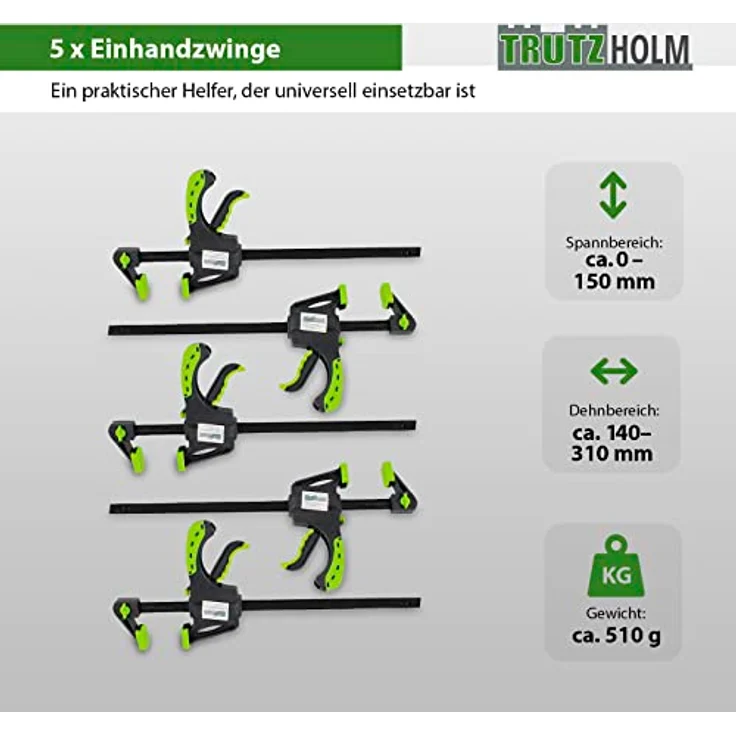 TrutzHolm 5x Einhandzwinge für z.B. Türrahmen 5er Set mit Soft-Grip-Griffen 60x900 mm – Bild 2