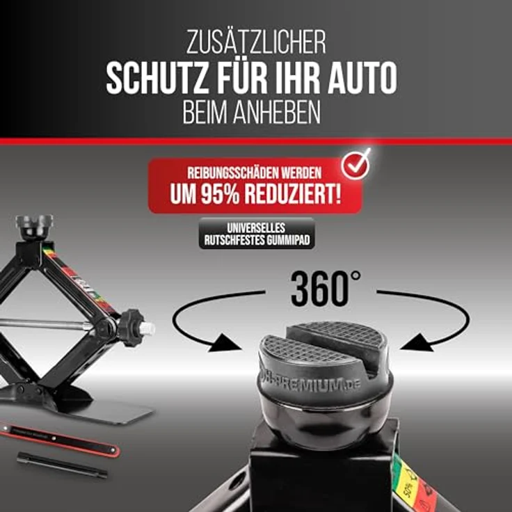 HEYNER® MultiLift M Black, Scherenwagenheber 1,5 t mit Ratsche, 360° drehbarer Gummiauflage, extra großem Standfuß, inkl. 17er Nuss und Tasche, TÜV GS-geprüft – Bild 5