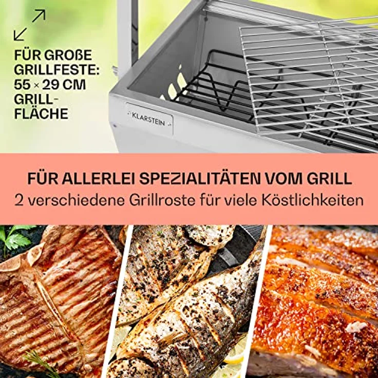 Klarstein Sauenland Mini, 2-in-1 Rotisserie Grill mit Motor, Edelstahl-Drehspieß und Grillfläche 55 x 29 cm, Holzkohlegrill mit Rollen – Bild 4