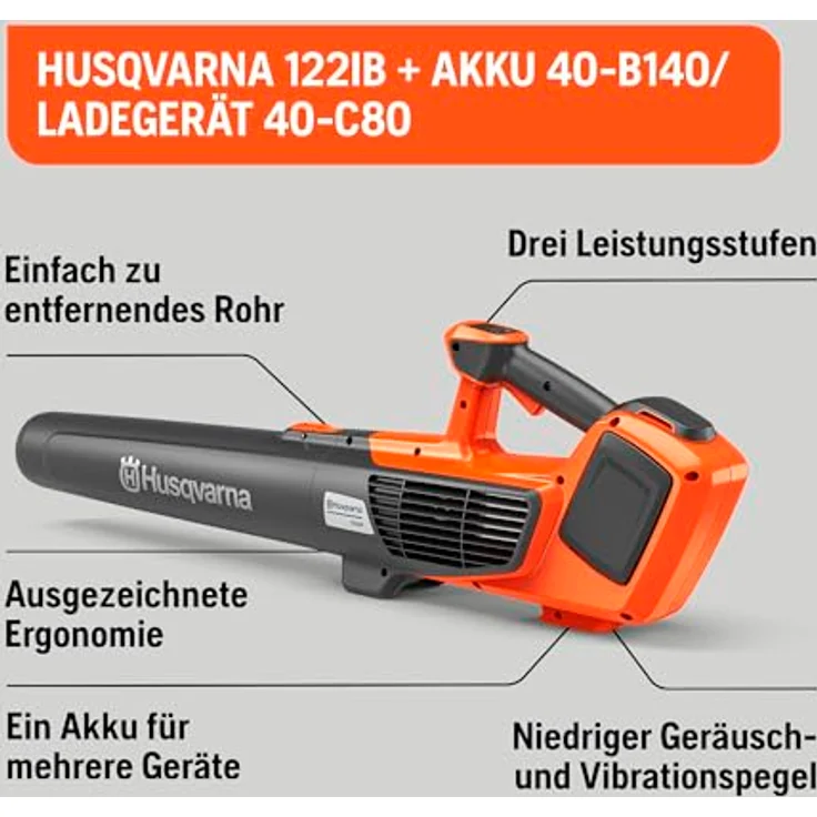 Husqvarna 122iB Akku-Laubbläser Set mit C80 und Akku 40-B140 4 Ah, drei Leistungsmodi, ergonomisches Design für hohen Komfort – Bild 2