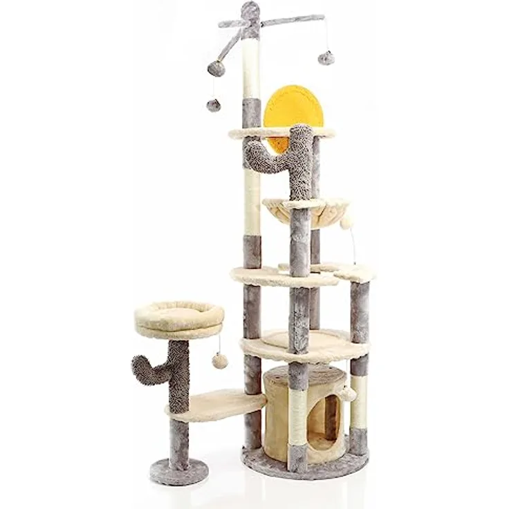 Fudajo Katzenkratzbaum im Kaktusdesign Hellgrau 172 cm, mit Katzenhaus, Liegemulde, Sisal und Spielbälle