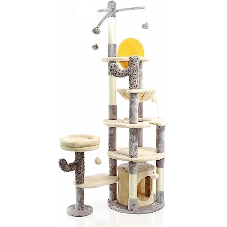 Fudajo Katzenkratzbaum im Kaktusdesign Hellgrau 172 cm, mit Katzenhaus, Liegemulde, Sisal und Spielbälle – Bild 1