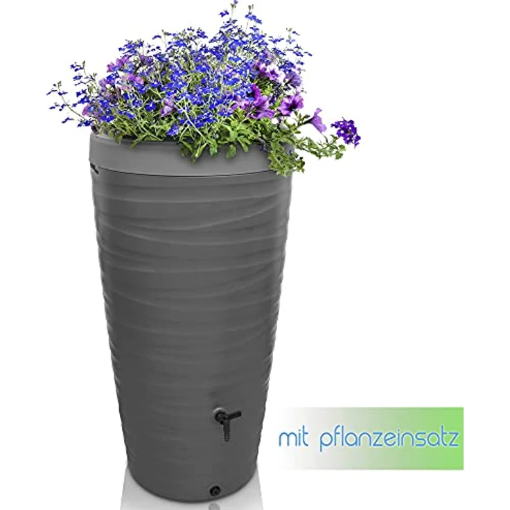 YourCasa Regentonne 240 Liter [Wave Design] Grau - Wasserfass mit 240 Liter Fassungsvermögen und bepflanzbarer Pflanzschale – Bild 4