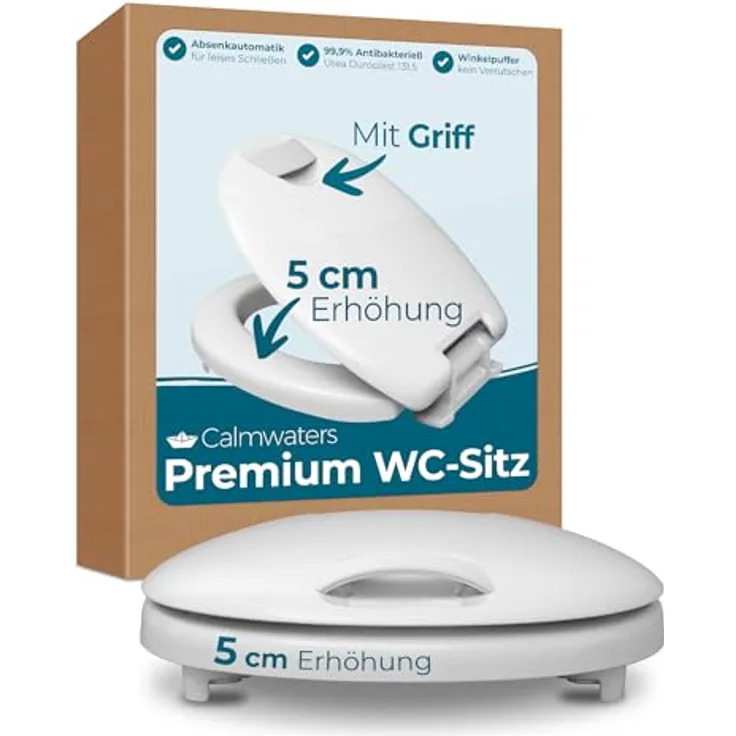 Calmwaters WC-Sitz erhöht 5 cm mit Griff, Absenkautomatik, antibakteriell, Duroplast, Made in EU, Modell 26LP6230