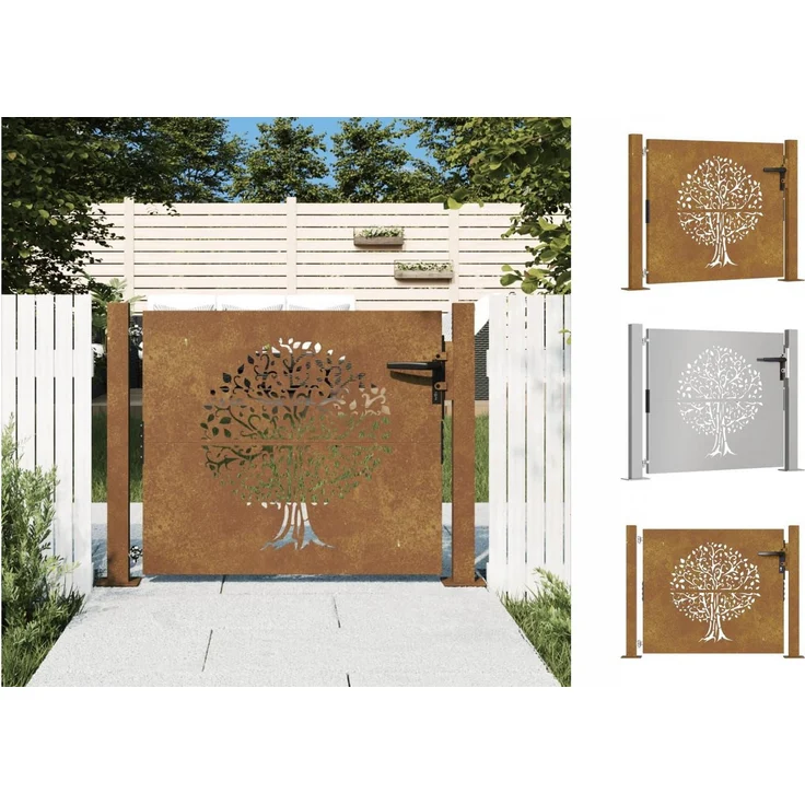vidaXL Gartentor 105x105 cm Cortenstahl Baum-Design Abschließbar Zauntor, Rostig - Preisvergleich – Bild 1