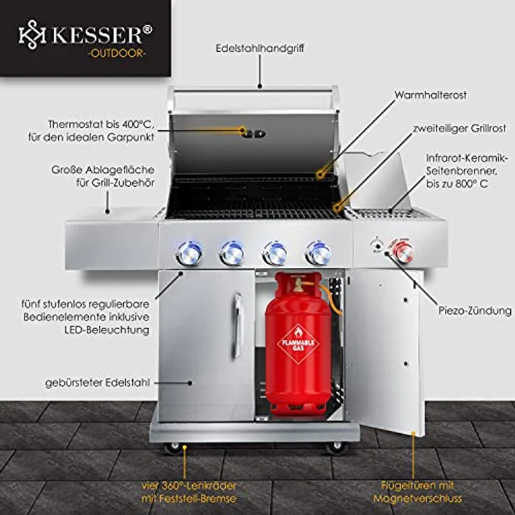 KESSER Gasgrill Master BBQ mit 800°C Infrarot & Grill-Thermometer, LED-Beleuchtung , Keramik 4+1 Brenner aus Edelstahl XXL Grillwagen Grill, Seitenkocher, 5-11 KG Gasflasche Piezozündung Silber - Preisvergleich – Bild 6