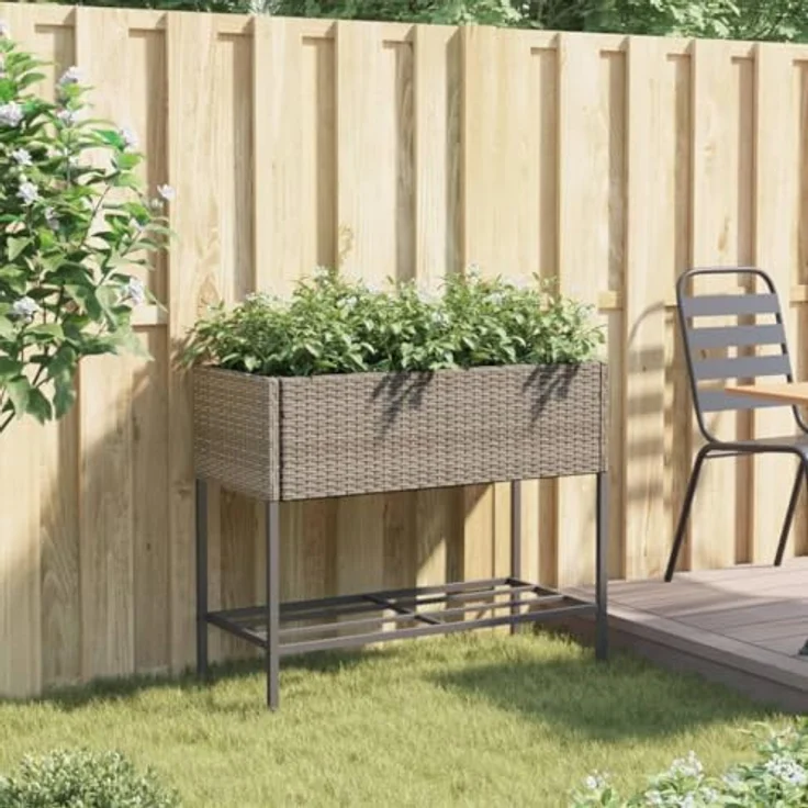 vidaXL Pflanzkübel mit Ablage Grau Poly Rattan, Outdoor Blumenkübel mit robustem Stahlgestell und praktischer Ablage – Bild 3
