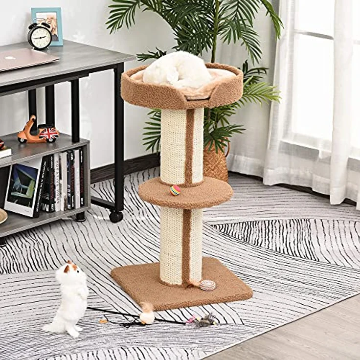 PawHut Katzenbaum Kratzbaum Katzenkratzbaum Spielbaum Kratzstamm mit Plattform Sisal Plüsch Hellbraun 45 x 45 x 91 cm – Bild 2