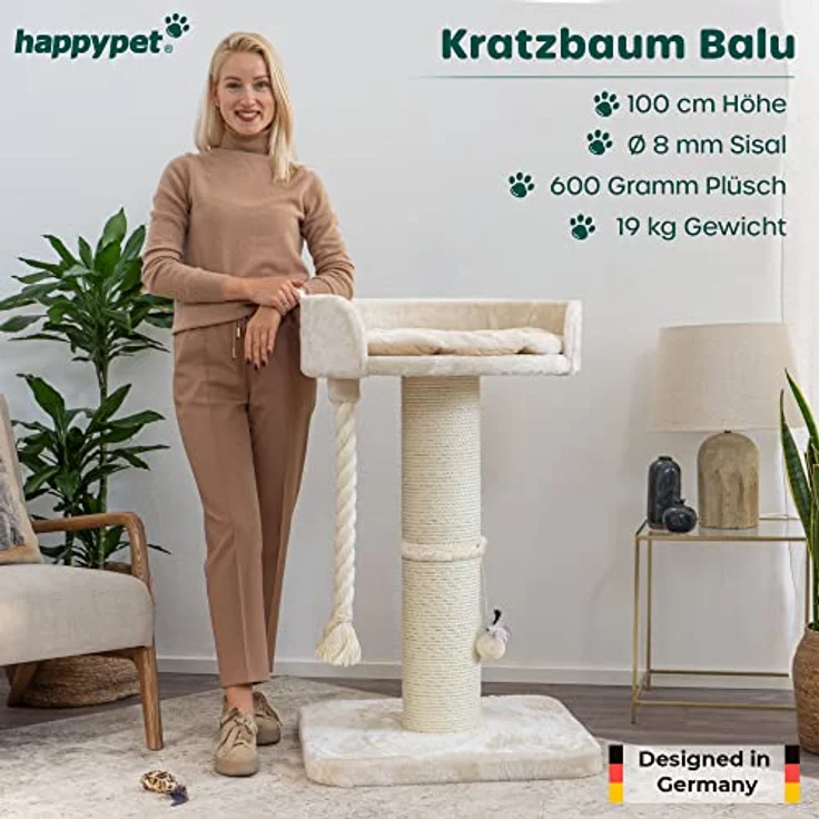 HAPPYPET Premium Kratzbaum 'Balu' Grosse Katzen Stabil - Katzenbaum, Kletterbaum, für Maine Coon, Ragdoll, Robustes Natursisal, Dicke Stämme 18 cm, 100 cm hoch, Creme – Bild 2