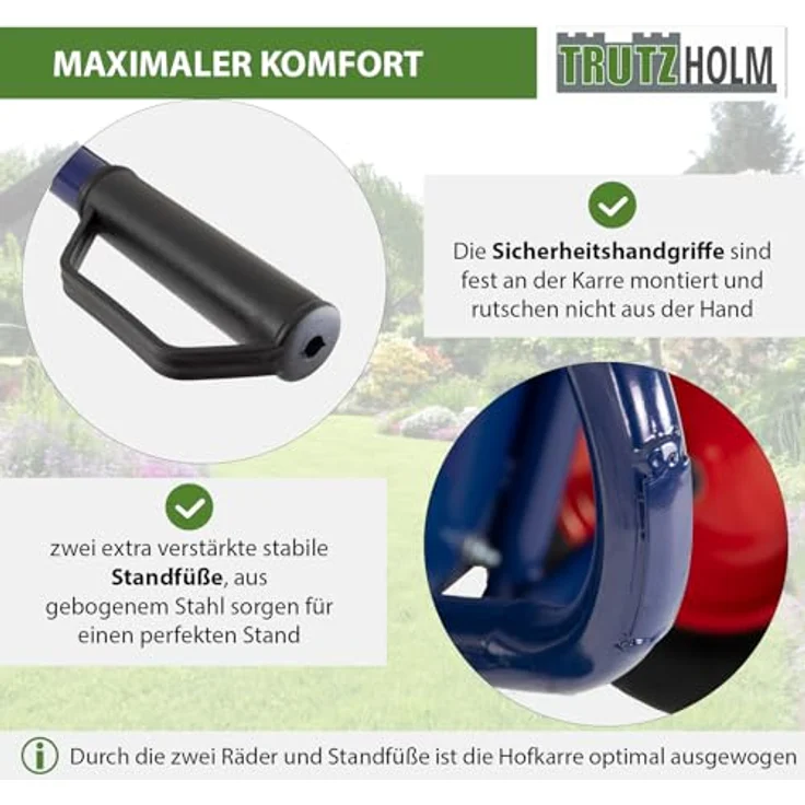 TRUTZHOLM Schubkarre 1-Rad 290L 300Kg Luftrad Metallfelge 156 x 89 cm Kunststoff, blau, stabiles Stahlgestell – Bild 8