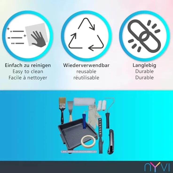 NYVI Malerset Advance DYI, 15-teiliges Profi Renovierset mit Malerrolle, Farbwanne, Abdeckfolie, Malerkrepp und Zubehör für Innen- und Außenanstriche – Bild 2