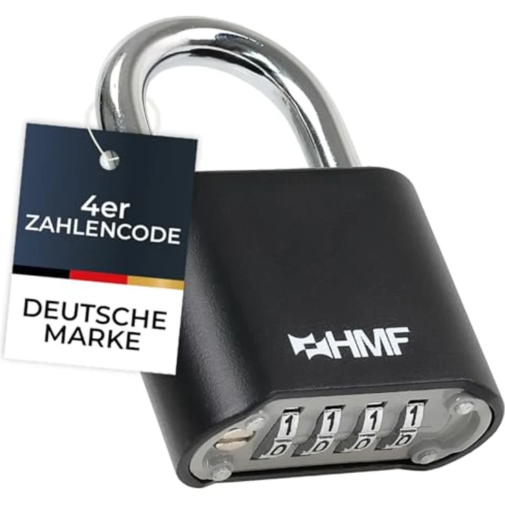 HMF Zahlenschloss Vorhängeschloss 3507-02, robustes 4-stelliges Zahlenschloss mit Zinklegierung, witterungsbeständig, schwarz, 5,3 x 2,4 x 7,8 cm – Bild 1