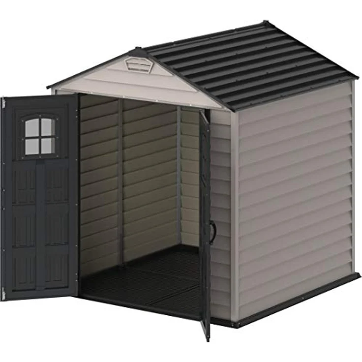 Duramax StoreMax PLUS 7 x 7 (4.44 m²) Kunststoff gerätehaus mit robustem Kunststoffboden und festen Fenstern in den Türen, robuste Metalldachkonstruktion, wartungsfreier Lagerschuppen, Grau/ Adobe – Bild 3