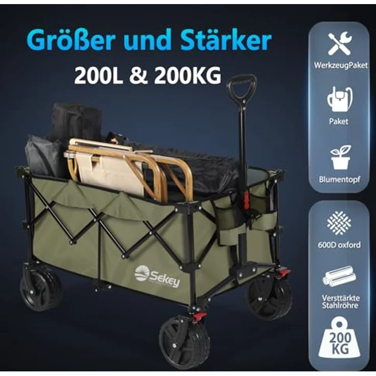 Sekey XXL Plus Bollerwagen, faltbar mit Bremsen, 200L, 200kg belastbar, extra breite All Terrain Reifen, patentierter Faltmechanismus, Grün – Bild 2