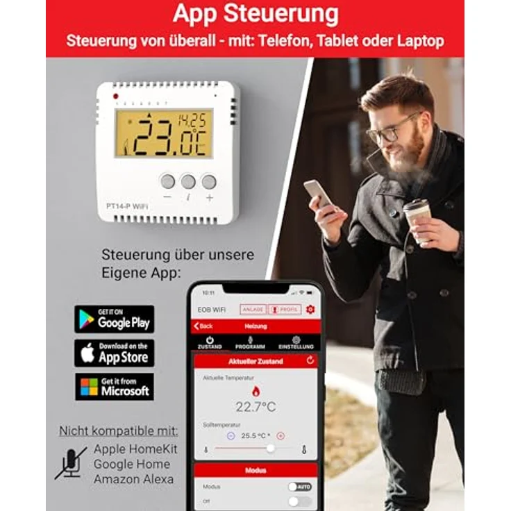 ELEKTROBOCK PT14-P WiFi, Smart WLAN Raumthermostat 230V mit Heizungssteuerung per App, 16 A für elektrische Heizungen, einstellbare Wochenprogramme, Weiß – Bild 2