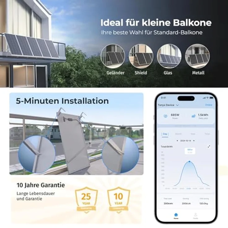 SUNSHARE SUNSHARE 800W Ray Lite Balkonkraftwerk Set, 1 kWh Solarstromspeicher, integrierte Halterung für Balkongeländer, silber – Bild 8