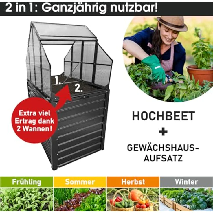 BRAST 2in1 Hochbeet mit Alu Gewächshaus-Aufsatz, wetterfestes Pflanzbeet mit integriertem Drainage-System, 2 Pflanzwannen, 120x80x167cm – Bild 2