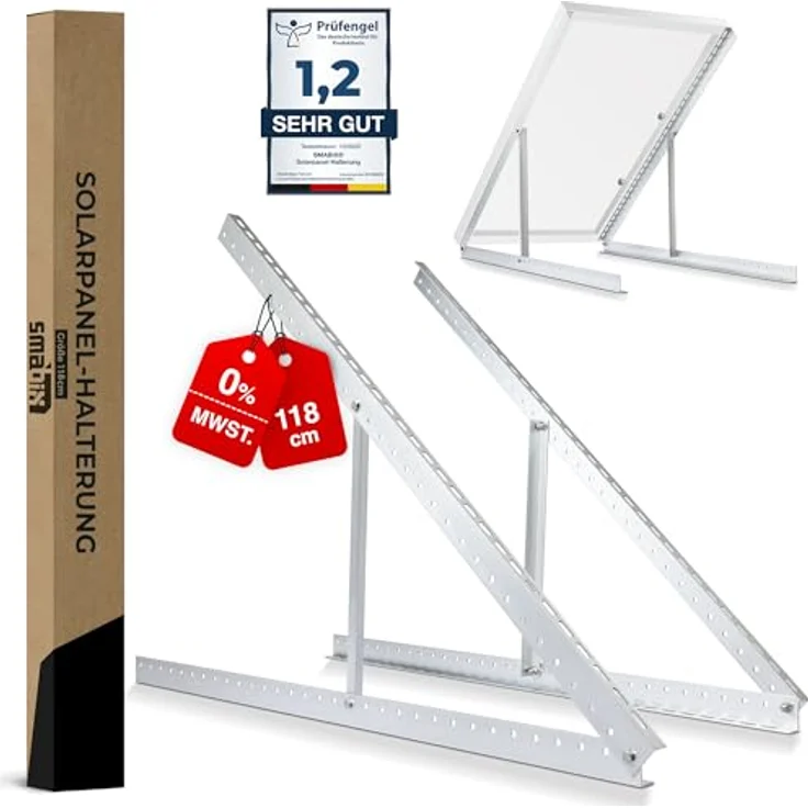 Smabix Solarpanel Halterung, 118 cm, 0-90 Grad verstellbar, inkl. Schrauben und Montage Anleitung, Aluminium Balkonkraftwerk Halterung - Silber – Bild 1