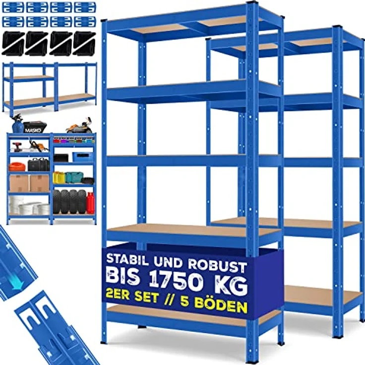 MASKO 2er-Set Lagerregal Schwerlastregal, Kellerregal , bis 875 kg belastbar, 5 verstellbare Ablagen, MDF-Platten Regal aus Metall, Steckregal, Werkstattregal, Keller, Garage 2x 180x90x40cm 5-Böden, 2x Blau 875kg – Bild 1
