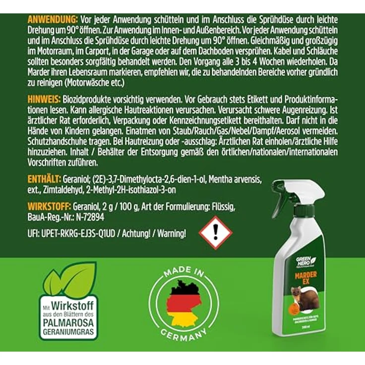 GreenHero Marderspray Marder-EX, 500 ml, tierfreundliche Marderabwehr mit ätherischen Ölen – Bild 6