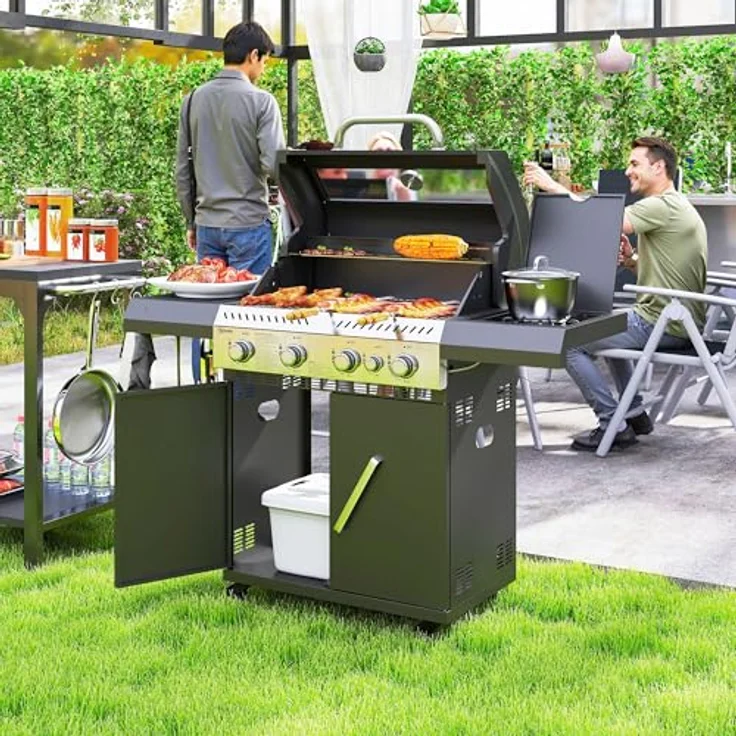 Outsunny Gasgrill 12 KW Grillwagen, 5 Brenner mit Seitenkocher, 2 Heizzonen, Thermometer und Seitenablagen, BBQ Gartengrill für Balkon, 135 x 54 x 110 cm – Bild 2