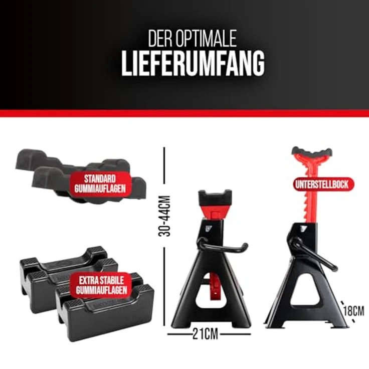 HEYNER® UltraSafe PRO Unterstellbock 2er Set, 3t Traglast, 10-fach höhenverstellbar, Hubhöhe 300-444 mm, mit Gummiauflage, schwarz-rot – Bild 4
