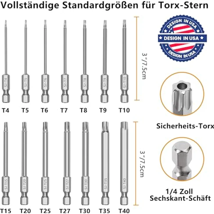 MulWark 14PC Magnetisches Sicherheit Torx Bit Set, 3" lang, S2 Stahl, T4-T40, 1/4" Sechskantschaft, für elektrische Bohrmaschinen und Schraubendreher – Bild 2