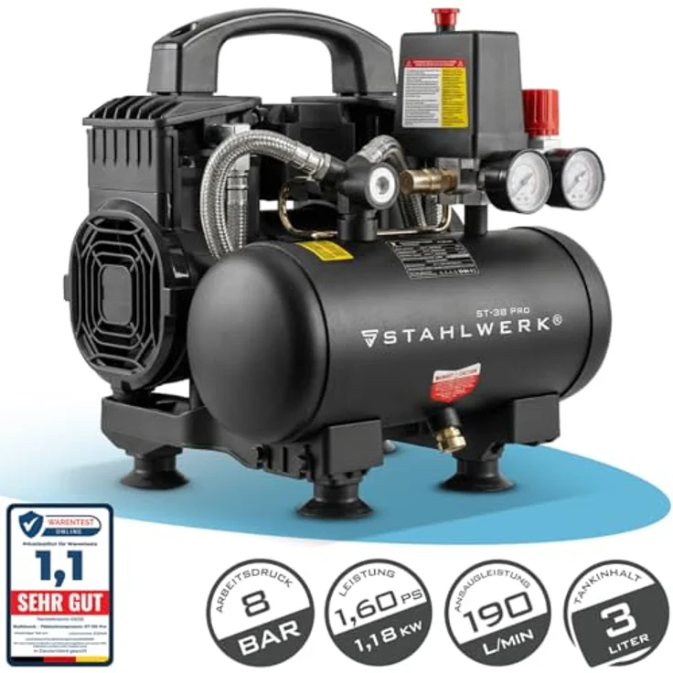 STAHLWERK Kompressor ST-38 Pro, ölfreier Druckluftkompressor mit 1,60 PS, 8 bar und 190 l/min, leise 67 dB – Bild 2