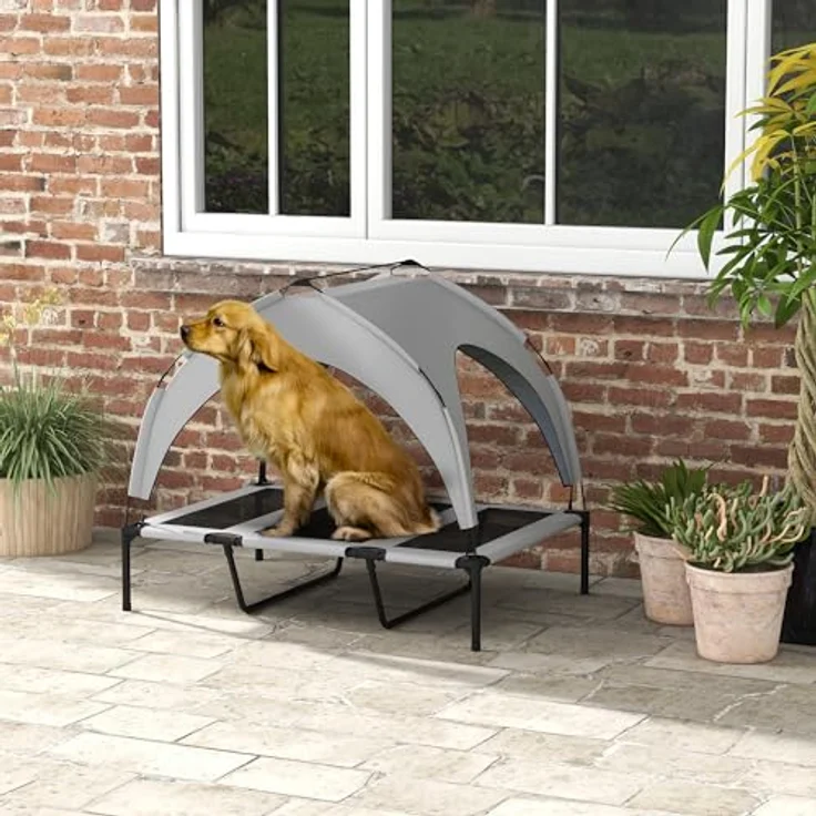 PawHut Erhöhtes Hundebett mit Baldachin, Haustierbett, Outdoor Hundeliege mit Dach, Atmungsaktiv, für große Hunde Hellgrau Oxford 106 x 76 x 94 cm – Bild 2