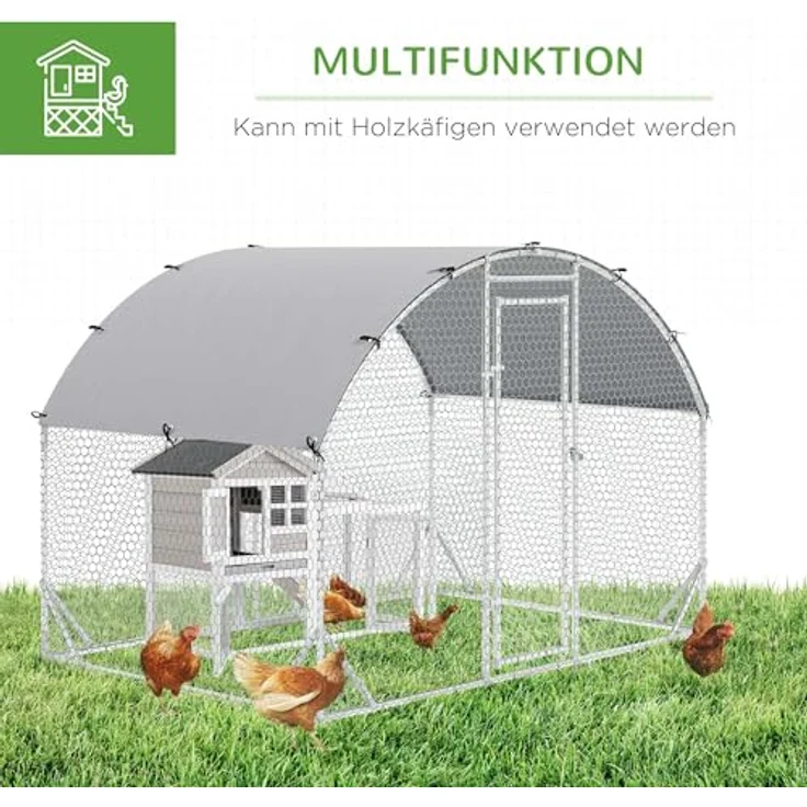 PawHut Hühnerstall aus Stahl, 280 x 190 x 197 cm, mit UV-beständiger Abdeckung, abschließbarer Tür, für 4-6 Hühner, silber – Bild 4