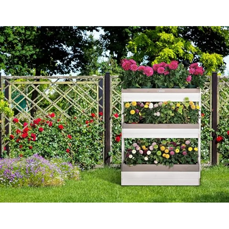 WONDERMAKE® Großes Design Vertikalbeet "planverto1", 3 Etagen aus Fichte-Holz, 85x38x110 cm, für Kräuter, Erdbeeren, Blumen, weiß grau anthrazit – Bild 5