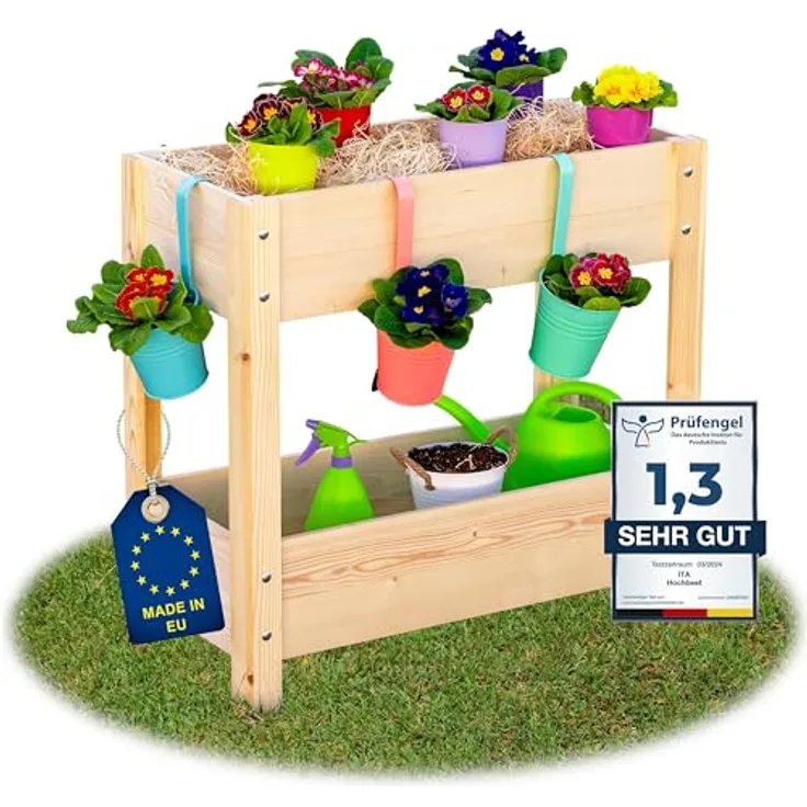 ITA Hochbeet aus Holz 80x37x78 cm - Pflanzkasten mit 2 Ebenen & Innenfolie - Natur - Made in EU - FSC Kiefernholz