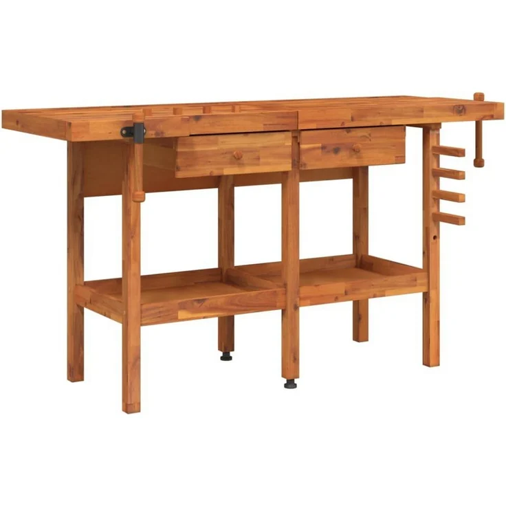 vidaXL Werkbank Werkbank mit Schubladen Schraubstöcken 162x62x83 cm Akazienholz, Massives Akazienholz, Viel Stauraum, Stabile Arbeitsplatte