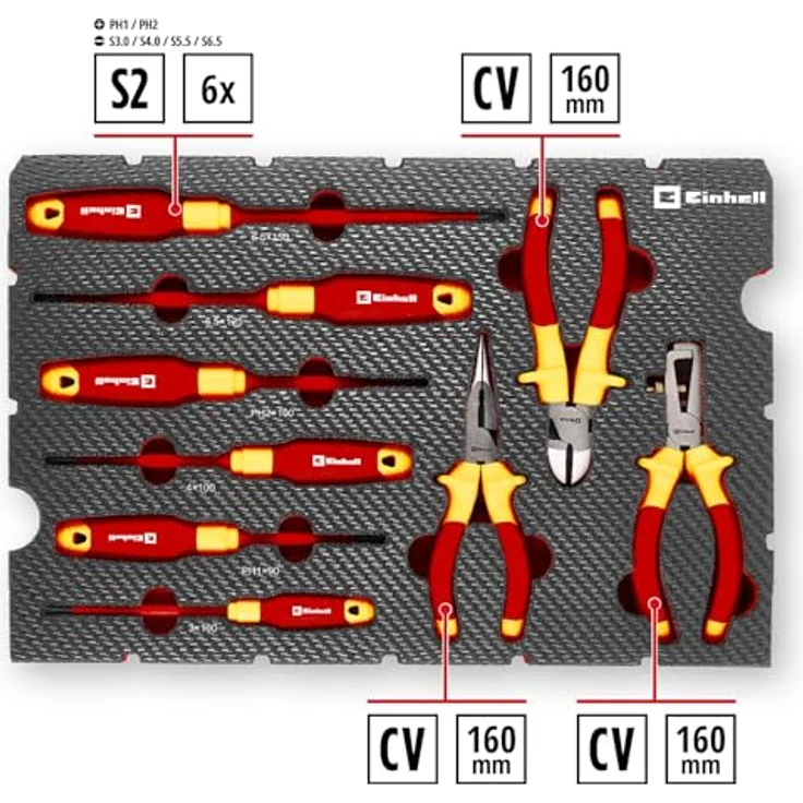Einhell Werkzeugkoffer VDE Werkzeug-Set 9-tlg. mit isolierten Schraubendrehern und Zangen, rot-gelb, Carbon-Optik – Bild 3