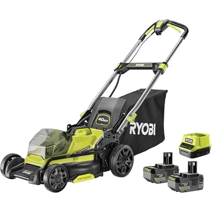 Ryobi Akku-Rasenmäher 'ONE+ RY18LMX40C-240' 18 V mit 2 Akkus, bis 500 m², 40 cm Schnittbreite, inklusive Mulchkit, zentrale 7-stufige Schnitthöhenverstellung, EasyEdge™ Rasenkamm, 50 Liter Fangkorb – Bild 1