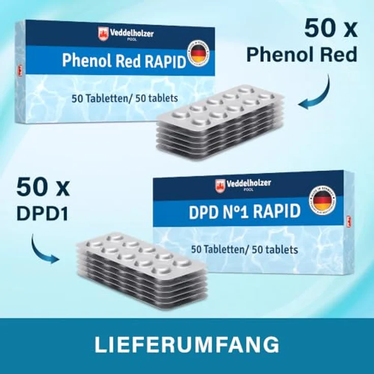 Veddelholzer Pooltester, 100 Nachfülltabletten DPD 1 Rapid und Phenol Red, für pH, freies Chlor und Brom, je 50 Stück, für Pool und Whirlpool – Bild 2