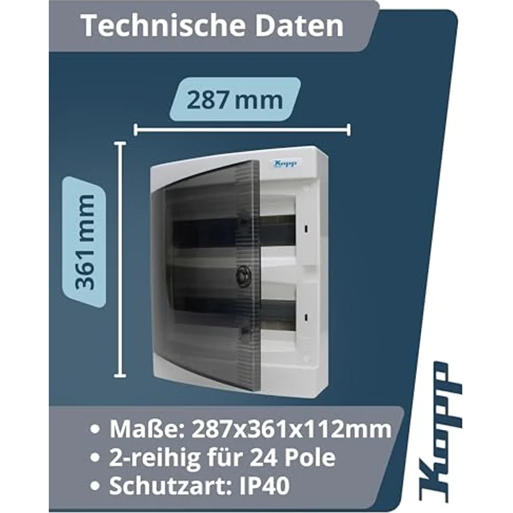 Kopp Abdeckrahmen 350912048, Aufputz-Verteilerkasten IP40 mit Tür, 2-reihig für 24 Pole, grau, Abmessungen 287x361x112 mm – Bild 3